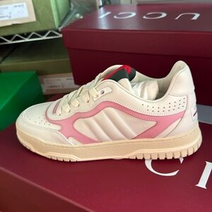 Gucci Women's Re-Web Leather Sneaker White and Pink